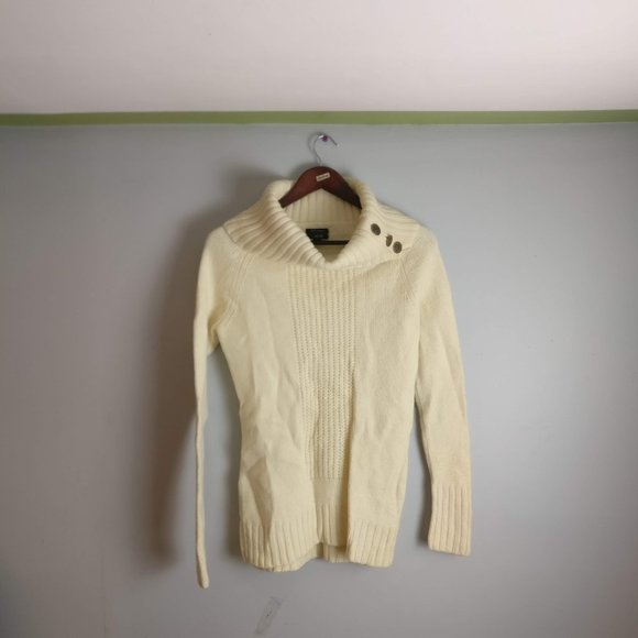 Merino Wool Chunky Knit Rollneck Decorated Turtleneck Sweater, Cream Neutral, L - Picture 3 of 8